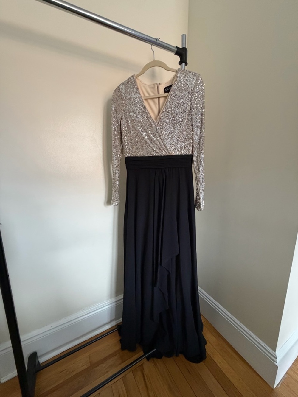 Xscape Silver Sequin Bodice Black Long Sleeve Gown